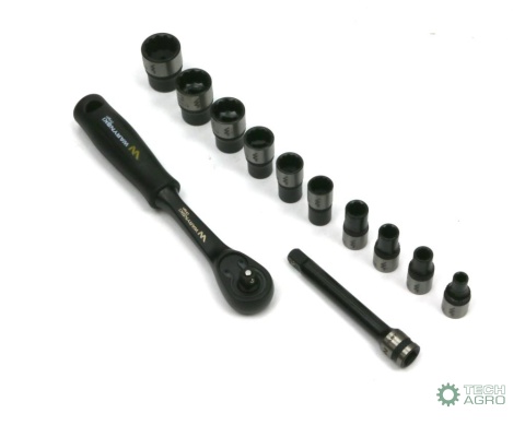 Zestaw 12 el. nasadki 1/4 przedłużka 7.5 cm grzechotka 4 5.5 6 7 8 9 10 12 13 14 Waryński