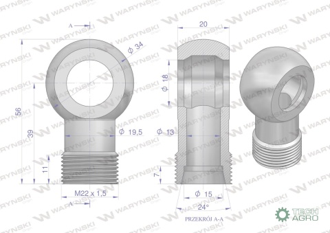 Złączka Oczkowa Fi18-15L (M22X1.5) Waryński ( sprzedawane po 2 )