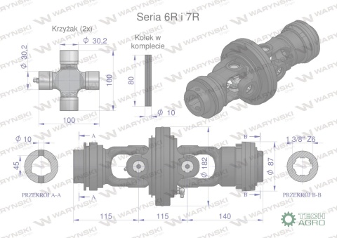 Przegub szerokokątny kpl. wału Seria 6R7R na rurę 45x5.5 - 1 3/8 Z6 WARYŃSKI