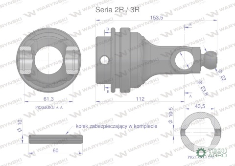 Widłak wewnętrzny, przegubu szerokokątnego wału Seria 2R. 3R na rurę 43.5 - miseczka 23,8, Waryński