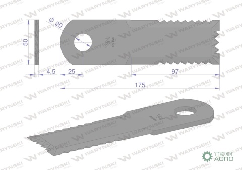 Nóż obrotowy rozdrabniacz słomy sieczkarnia 175x50x4.5mm otwór 20 zastosowanie HF44443 52900027 New Holland WARYŃSKI ( sprzedawa