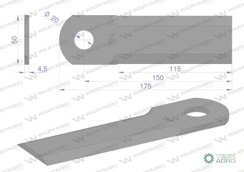 Nóż obrotowy rozdrabniacz słomy sieczkarnia gładki 175x50x4.5mm otwór 20 zastosowanie D49080066 MF WARYŃSKI ( sprzedawane po 25 