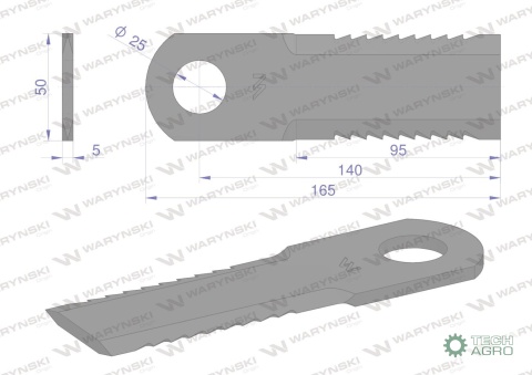 Nóż obrotowy rozdrabniacz słomy sieczkarnia uzębiony 165x50x5mm otwór 25 zastosowanie DS175 WARYŃSKI ( sprzedawane po 25 )