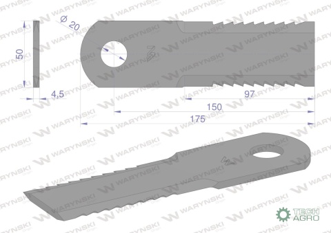 Nóż obrotowy rozdrabniacz słomy sieczkarnia uzębiony 173x50x4.5mm otwór 20 zastosowanie 84068444 New Holland WARYŃSKI ( sprzedaw