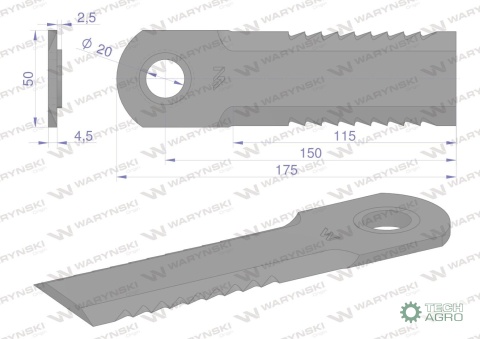 Nóż obrotowy sieczkarnia 175x50x4.5mm otwór 20 z tuleją zastosowanie 1994760C4R Case WARYŃSKI ( sprzedawane po 25 )