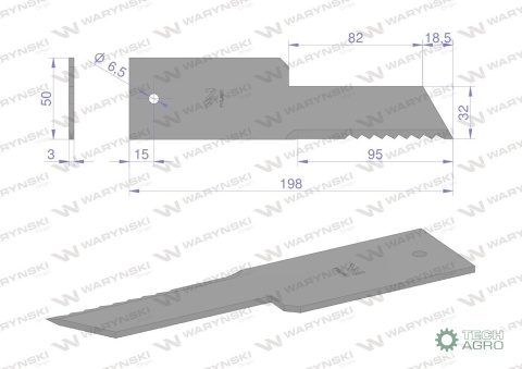 Nóż stały rozdrabniacz słomy sieczkarnia 198x50x3mm otwór 6.5 zastosowanie Z59033 280910Z John Deere WARYŃSKI ( sprzedawane po 2