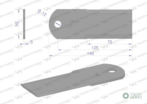 Nóż stały rozdrabniacz słomy sieczkarnia uzębiony 140x50x3mm otwór 12 zastosowanie 84437640 New Holland WARYŃSKI ( sprzedawane p