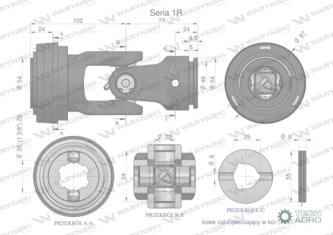 Przegub kompletny z krzyżakiem 22X54 seria 1 do rury wewnętrznej 29mm Waryński