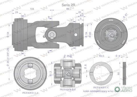 Przegub kompletny z krzyżakiem 23.8X61.3 seria 2 do rury zewnętrznej 43.5mm Waryński