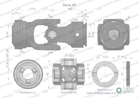 Przegub kompletny z krzyżakiem 27X82 seria 4 do rury zewnętrznej 51.5mm Waryński