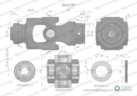 Przegub kompletny z krzyżakiem 41X118 seria 9 do rury wewnętrznej 54mm Waryński