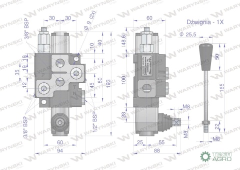 Rozdzielacz hydrauliczny 1-sekcyjny maxprzepływ 40L z zatrzaskiem Waryński