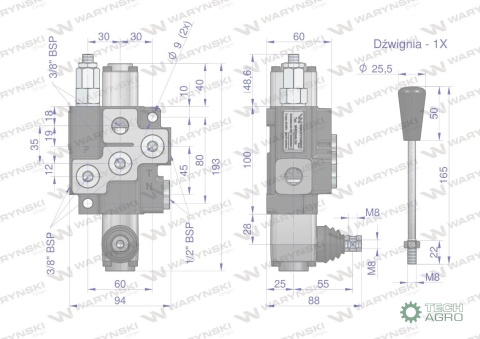 Rozdzielacz hydrauliczny 1-sekcyjny (sekcja nurnikowa) max przepływ 40L Waryński