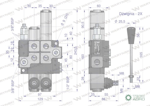 Rozdzielacz hydrauliczny 2-sekcyjny maxprzepływ 40L 1-sekcja pływająca Waryński