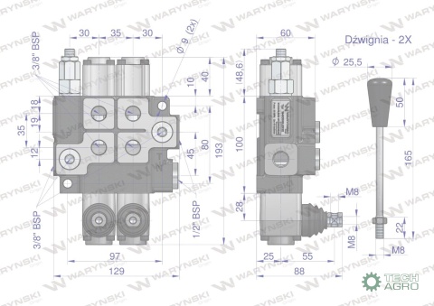 Rozdzielacz hydrauliczny 2-sekcyjny maxprzepływ 40L (1 sekcja - z zatrzaskiem) Waryński