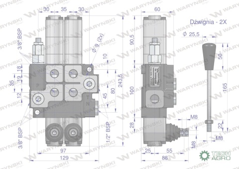 Rozdzielacz hydrauliczny 2-sekcyjny maxprzepływ 40L (2 sekcje - pływające) Waryński