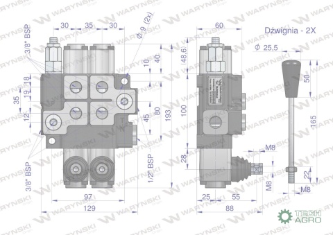 Rozdzielacz hydrauliczny 2-sekcyjny maxprzepływ 40L Waryński