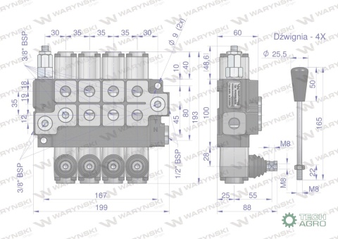 Rozdzielacz hydrauliczny 4-sekcyjny maxprzepływ 40L (1-sekcja nurnikowa) Waryński