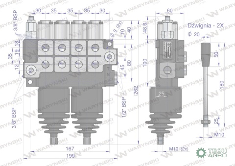 Rozdzielacz hydrauliczny 4-sekcyjny maxprzepływ 40L (2 sekcje x 1 dźwignia + 2 sekcje x 1 dźwignia) Waryński
