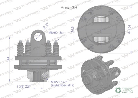 Sprzęgło cierne 2 tarczowe wału Seria 3R 900Nm - 27x75 - 1 3/8 Z21 WARYŃSKI