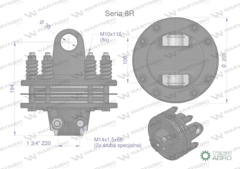 Sprzęgło cierne 4 tarczowe wału Seria 8R 1700Nm - 35x106 - 1 3/4 Z20 WARYŃSKI