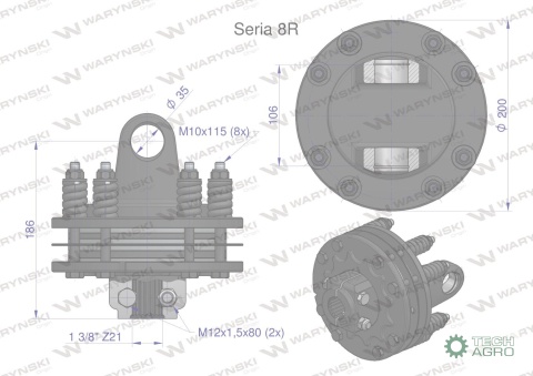 Sprzęgło cierne 4 tarczowe wału Seria 8R 1700Nm - 35x106 - 1 3/8 Z21 WARYŃSKI