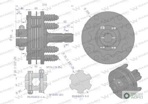 Sprzęgło zewnętrzne cierne wału 1700Nm - 1 3/8 Z6 Waryński