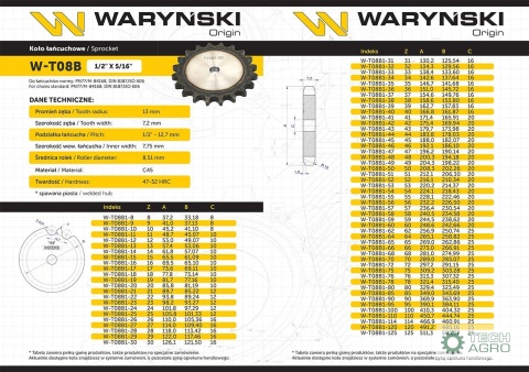 Koło zębate hartowane tarcza 08B-1 (R1 1/2) Z-32 Waryński