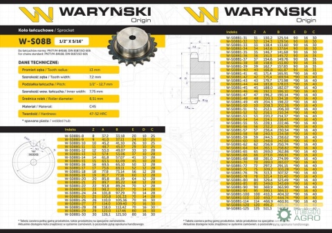Koło zębate hartowane z kołnierzem 08B-1 (R1 1/2) Z-13 Waryński