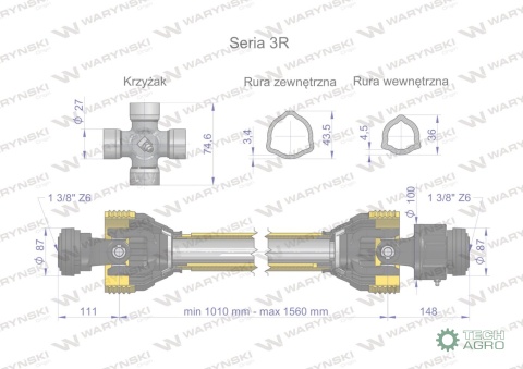 Wał przegubowo-teleskopowy 1010-1560mm 460Nm sprzęgło jednokierunkowe CE 2020 seria 3R WARYŃSKI
