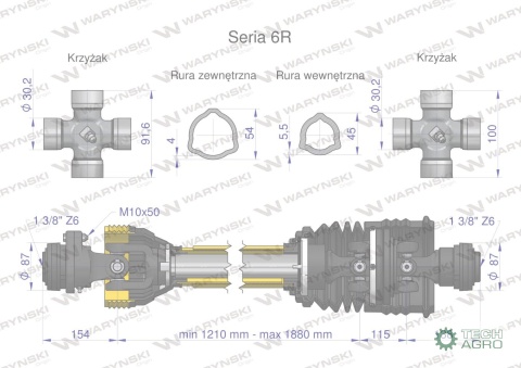 Wał przegubowo-teleskopowy 1210-1880mm 830Nm sprzęgło z kołkiem 2200Nm z drugiej stron szerokokątny CE 2020 seria 6R Waryński