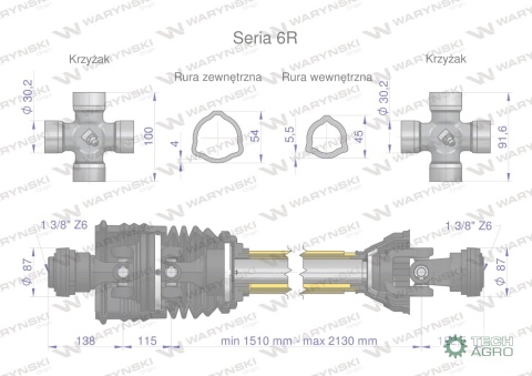 Wał przegubowo-teleskopowy 1510-2130mm 830Nm st. tr. szerokokątny CE 2020 seria 6R Waryński