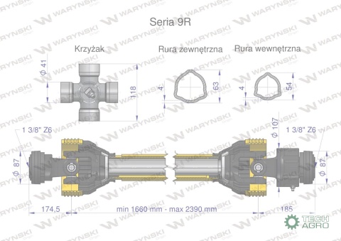 Wał przegubowo-teleskopowy 1660-2390mm 1890Nm sprzęgło jednokierunkowe CE 2020 seria 9R Waryński