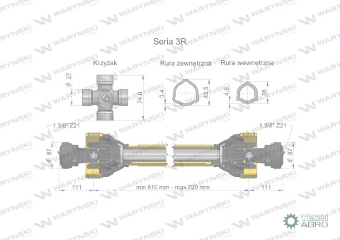 Wał przegubowo-teleskopowy 510-720mm 460Nm Z21 z dwóch stron CE 2020 seria 3R WARYŃSKI