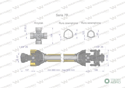 Wał przegubowo-teleskopowy 660-800mm 970Nm sprzęgło cierne 1700Nm CE 2020 seria 7R WARYŃSKI