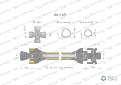 Wał przegubowo-teleskopowy 860-1300mm 1240Nm sprzęgło cierne 2000Nm CE 2020 seria 8R Waryński