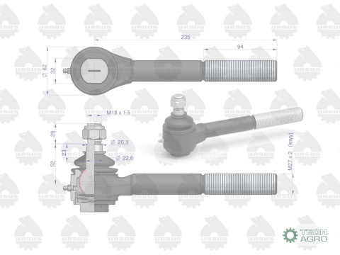 Przegub kulowy długi lewy gwintowany z nakrętką C-385 ORYGINAŁ URSUS