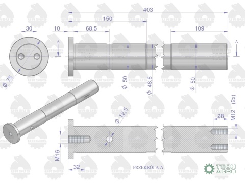Sworzeń osi przedniej cienki C-385 ORYGINAŁ URSUS