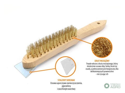 Szczotka druciana do rdzy PREMIUM - drut mosiężny / 4 rzędowa, ze skrobakiem, TEGER