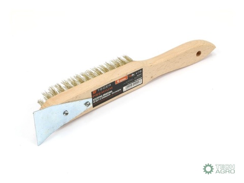 Szczotka druciana do rdzy PREMIUM - drut mosiężny / 4 rzędowa, ze skrobakiem, TEGER