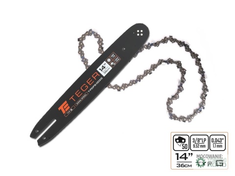 Zestaw tnący, 14" (36 cm) prowadnica + łańcuch, 3/8", 1,1 mm, 50 og., 9z, moc. G, Teger