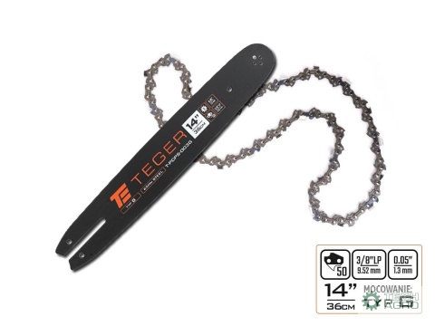Zestaw tnący, 14" (36 cm) prowadnica + łańcuch, 3/8", 1,3 mm, 50 og., 9z, moc. G, Teger