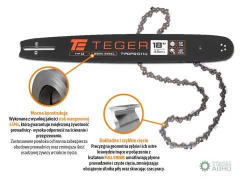 Zestaw tnący, 18" (45 cm) prowadnica + łańcuch, 0,325" 1,3mm 72 og., 12z, moc. U, Teger