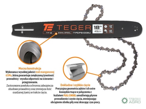 Zestaw tnący, 18" (45 cm) prowadnica + łańcuch, 0,325" 1,5mm 72 og., 12z, moc. U, Teger