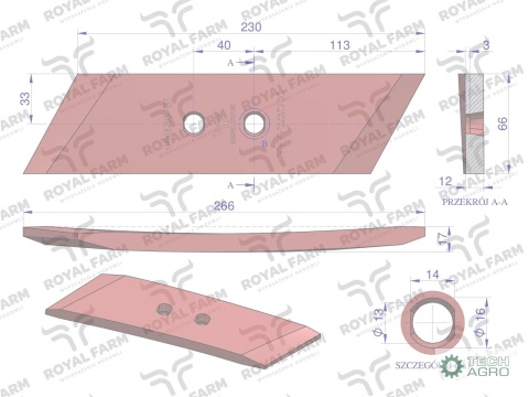 Dłuto, nakładka lemiesza, prawa, zastosowanie Kverneland stal borowa, Royal Farm