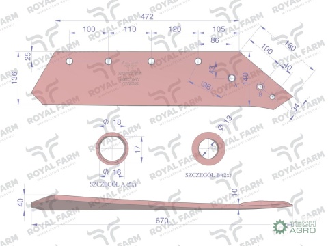 Eurolemiesz, prawy 18", zastosowanie Kverneland stal borowa, Royal Farm