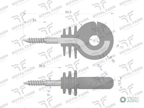 Izolator okrągły z wkrętem fi 6 do drewna z zatopionym trzpieniem wygiętym ROYAL FARM (sprzedawane po 25 szt)