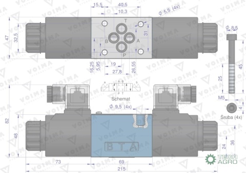Rozdzielacz (elektrozawór CETOP 3 NG6) 3-pozycyjny 50L suwak "E" (cewki x2) 230V VOIMA