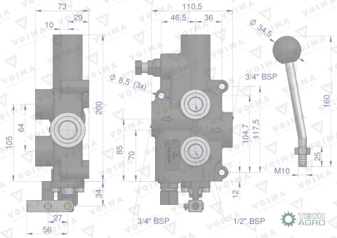 Rozdzielacz hydrauliczny 1-sekcyjny 80Ldo łuparek (sprężyna i zatrzask z odskokiem) VOIMA