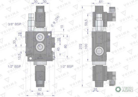 Rozdzielacz hydrauliczny 1-sekcyjny sterowany elektrycznie 12V 40L VOIMA